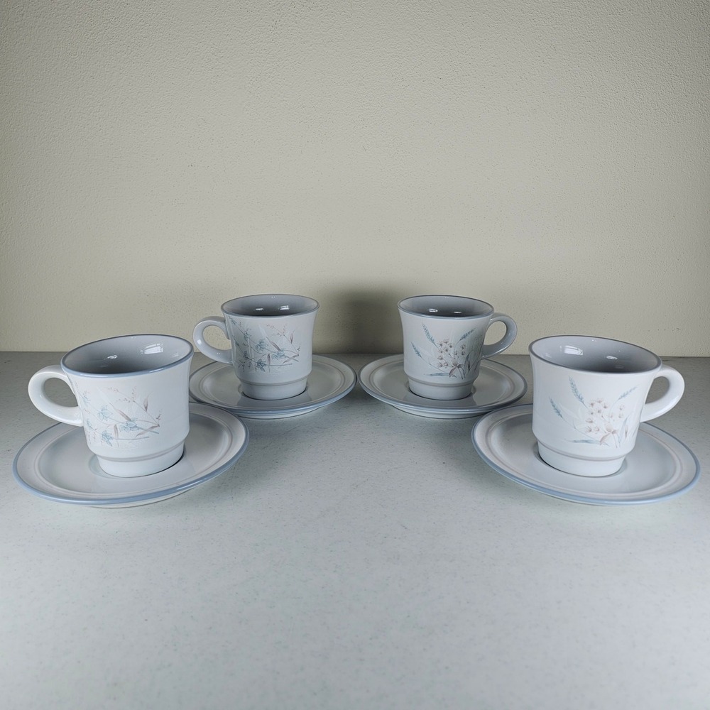 4 Sets Noritake Stoneware Coffee Cups & Saucers Woodstock - Japan - 8354